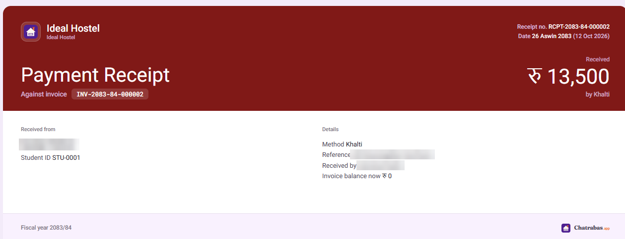 A Chatrabas.app payment receipt from Ideal Hostel: रु 13,500 received by Khalti against invoice INV-2083-84-000002